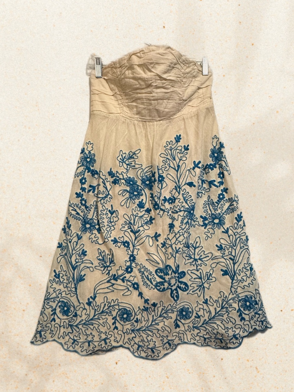 Anthropologie • Vanessa Virginia Cream Strapless Dress W/ Blue Floral Embroidery - Picture 2 of 5